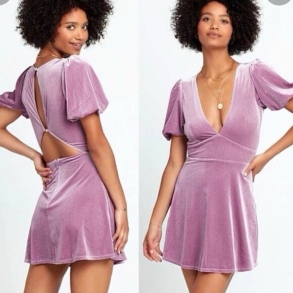 L*SPACE | NWOT Ruby Ribbed Purple Puff Sleeve Velvet Mini Dress In Iris Y2K M - Picture 1 of 12